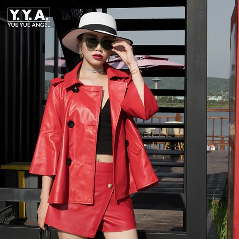 Korean Red Black Three Quarter Flare Sleeve Ladies Genuine Leather Coat Slim Sheepskin Jacket Real Leather Jacket Manteau Mouton