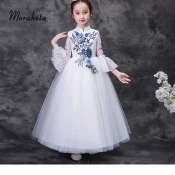 

Vintage High Neck Princess Long Sleeves Girls Dresses For Communion 2019 Ball Gown White Flower Girl Dresses For Wedding