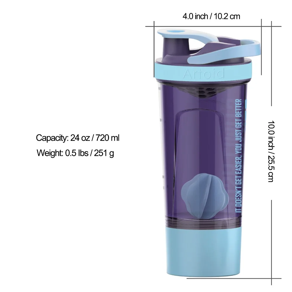 720ml/25oz Motivational Fitness Workout Sports Protein Shaker Water Bottle Whisk and Mix Ball Storage Box Whey BPA Free