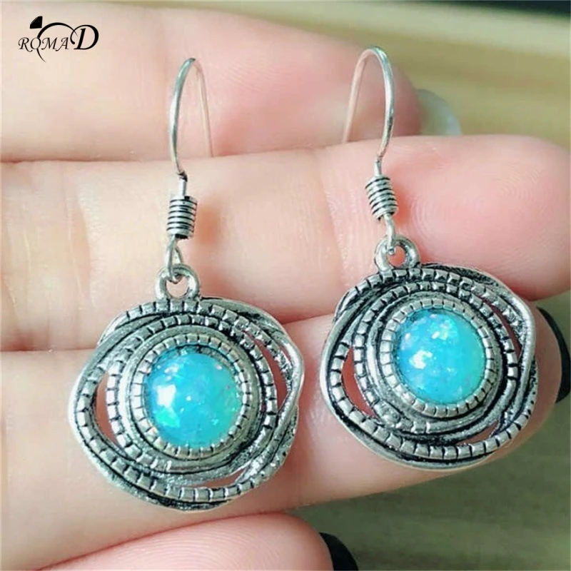 

Hot Tibetan style Vintage Silver Earrings Jewelry Synthetic Turquoises Earrings Round Dangle Drop Earrings Charm for Women A35