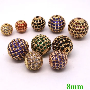 

8mm Round Ball Micro Pave Zircon CZ European Charms Gold Plated Multi-color Big Hole Spacer Beads DIY Findings Making Bulk
