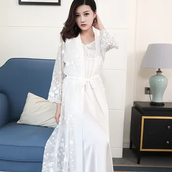 

2019 New Spring Women's Long Robe Beautiful Princess Sexy White Sleepwear Nightgown Summer Thin Two Pieces Set Free Shipping