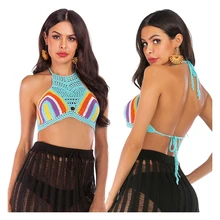 Соломення шляпа короткий летний топ Холтер Радужное Бикини Топ купальники кружева бикини топы