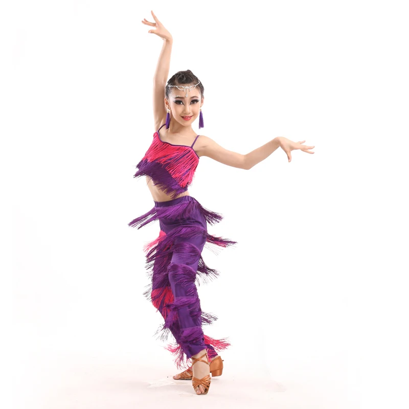 Детская одежда для латинских танцев для девочек, топ с бахромой+ штаны, Румба ча-ча, танго для Бальных и сценических танцев, костюм, танцевальные соревнования, платья BL1619 - Цвет: Purple Fringe