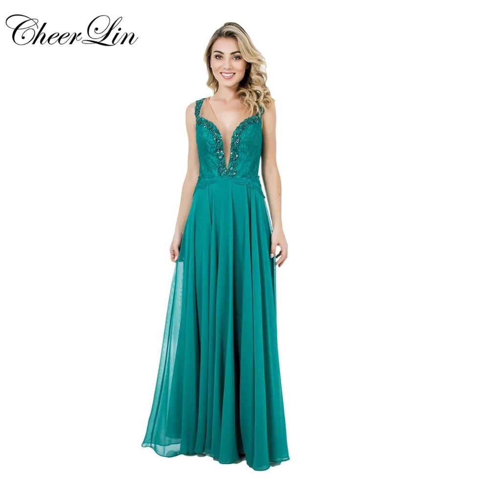 Cheerlin Глубокий V Шеи Пром Платья vestido де феста Шифон кружева аппликация