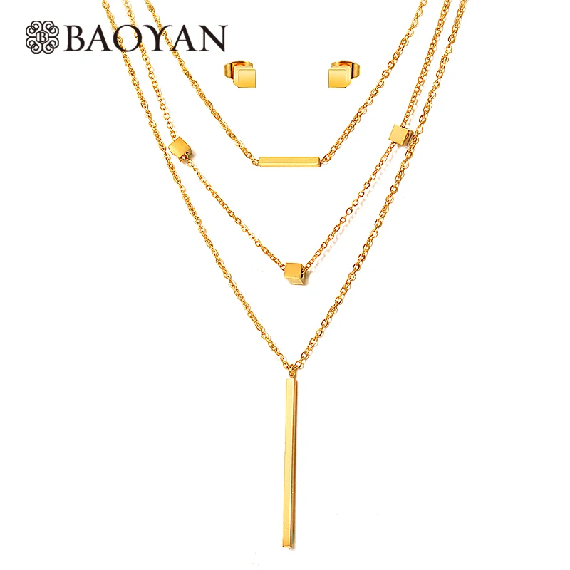 

Baoyan Square Cube Bridal Jewelry Set Layered African Dubai Gold Jewelry Set Vintage Gold Stainless Steel Jewelry Sets For Women