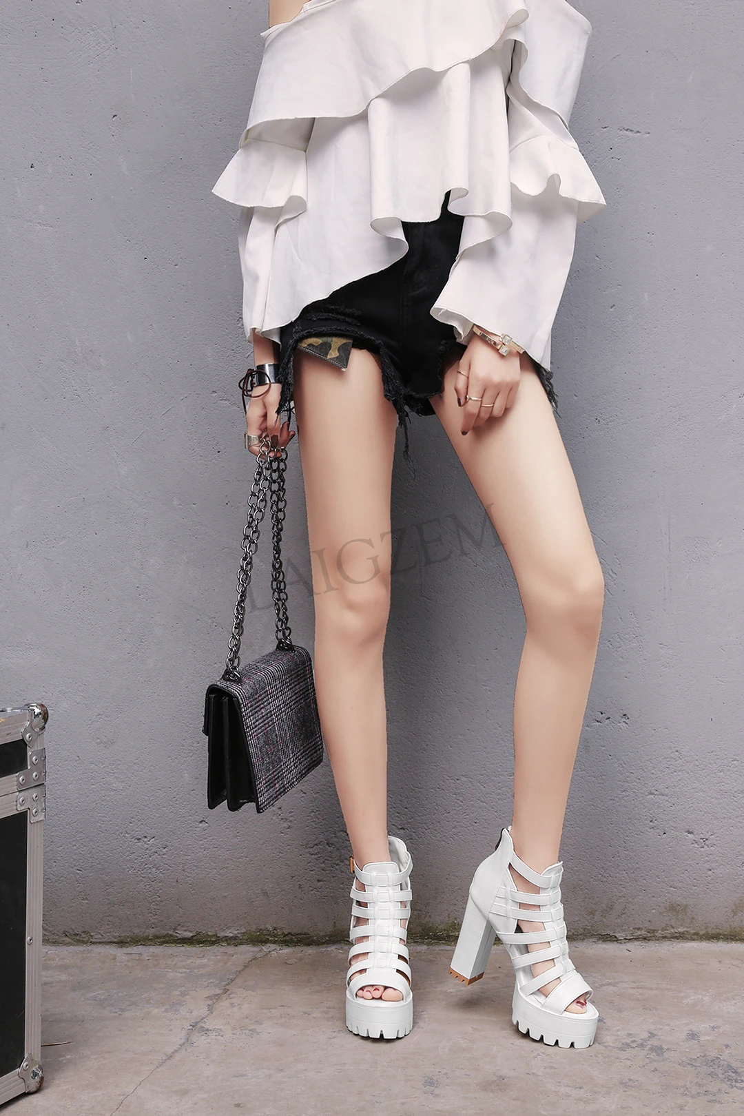 LAIGZEM FASHION Women Sandals Chunky Heels Sandals Straps Back Zipper Faux Leather Ladies Shoes Summer Woman Big Size 33-45 (5)