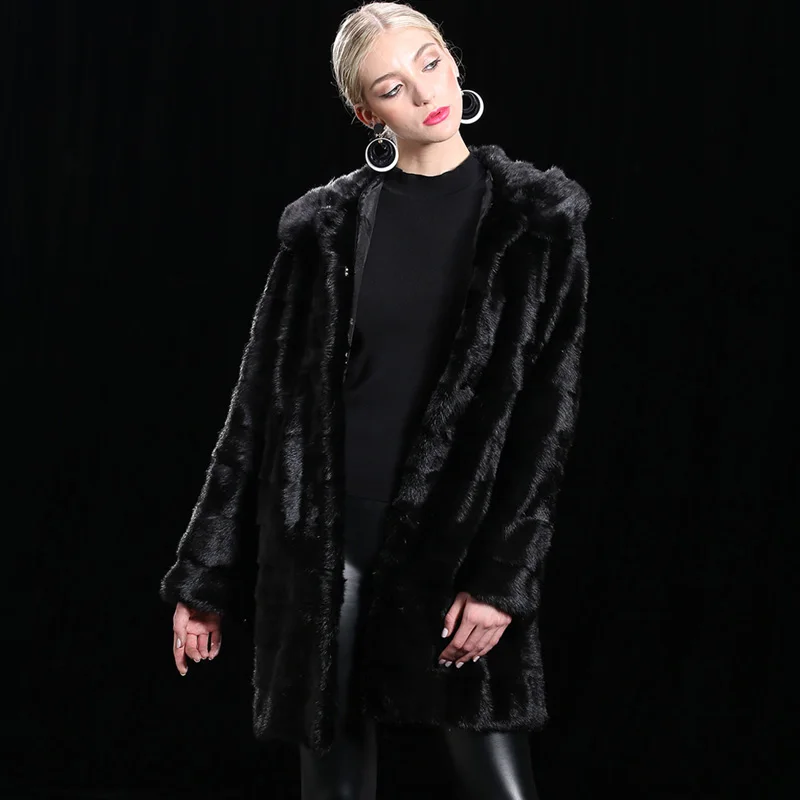 XINYUXIANG Съемный натуральный норковый мех пальто куртки женские зимние черные толстые теплые длинные с капюшоном натуральный мех норки пальто женские - Цвет: Detachable  90cm