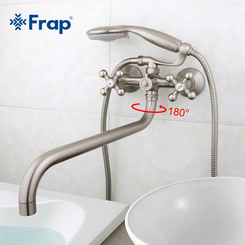 Kaufen Frap 1 set 36cm länge outlet gedreht Messing körper Nickel Gebürstet Badezimmer dusche wasserhahn Mit ABS dusche kopf F2619 5
