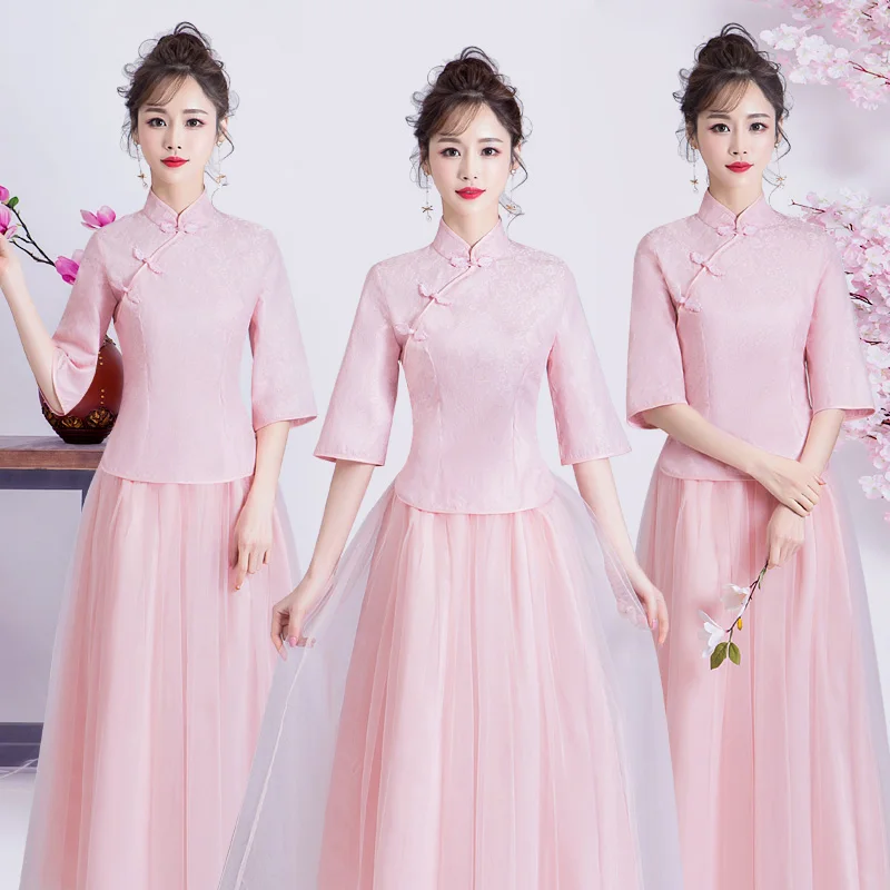

Pink Bridesmaid Dresses for Wedding Party for Woman Junior Cheongsam Elegant Embroidery A-Line Vestido Dresses Prom Guest Party