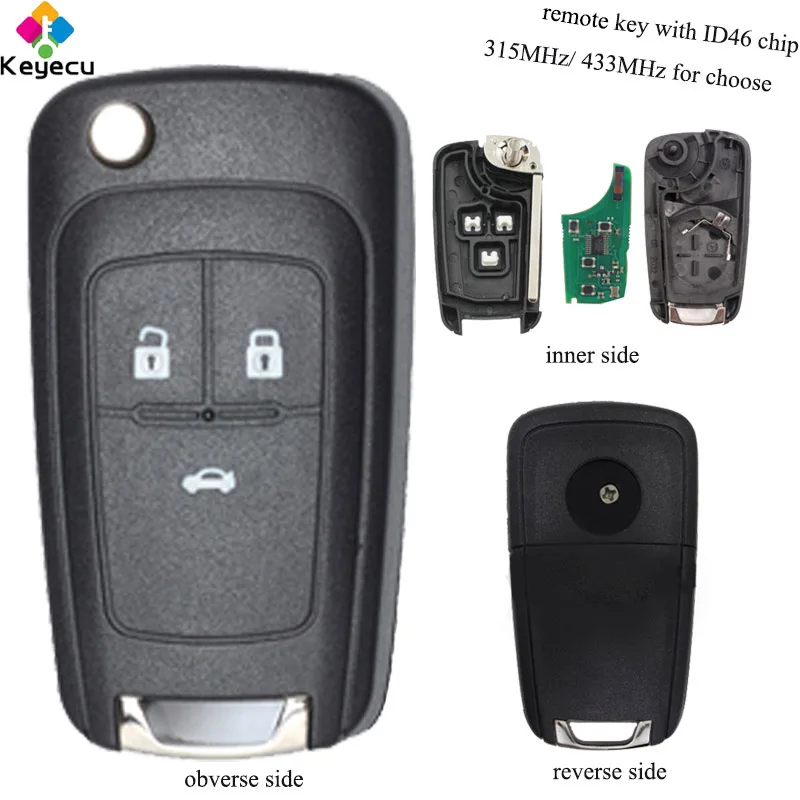 

KEYECU Replacement Remote Key - 3 Btns & ID46 Chip & HU100 Blade & 315MHz/ 433MHz Optional- FOB for Chevrolet Cruze 2011 2012...