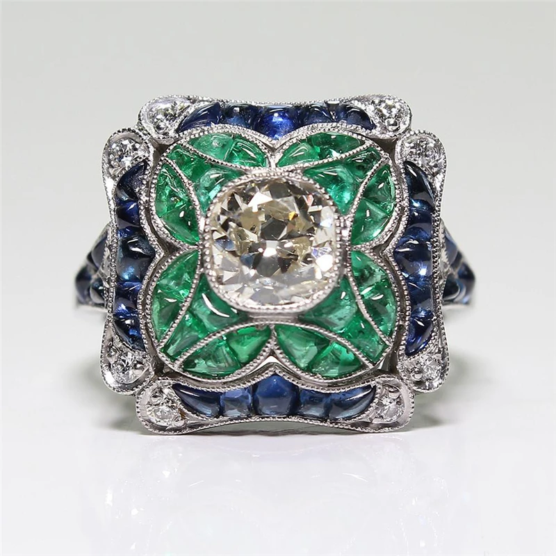 

Silver Color Austrian Cubic Zircon Square Ring Boho Personality Geometric Crystal Rings For Women Exaggerated Jewelry Z4Q583