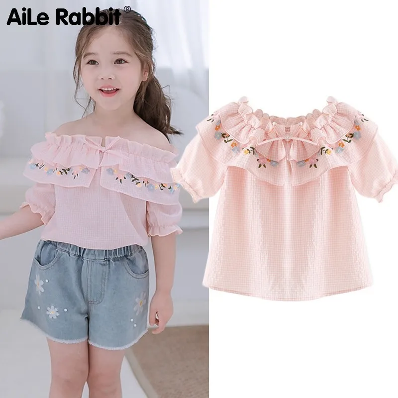 

Unlined Upper Garment 2019 Summer New Pattern A Piece Of Due-out Korean Lovely Short Sleeve Embroidered Children Lattice Shirt