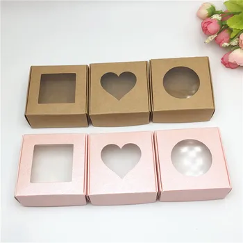 

Wholesale 50pcs Kraft Paper Box Transparent PVC Window Soap Boxes Jewelry Gift Packaging Box Wedding Favors Candy Box