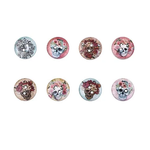 50Pcs 2 Holes Princess Cat Heart Robot Printed Wooden Button Round 15mm Decorative Wood Buttons For Clothing Sewing Decoration - Цвет: 510-Skull