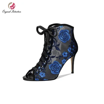 

Original Intention Gorgeous Women Ankle Boots Summer Embroider Peep Toe High Heel Boots Mesh Blue Red Shoes Woman Big Size 3-9