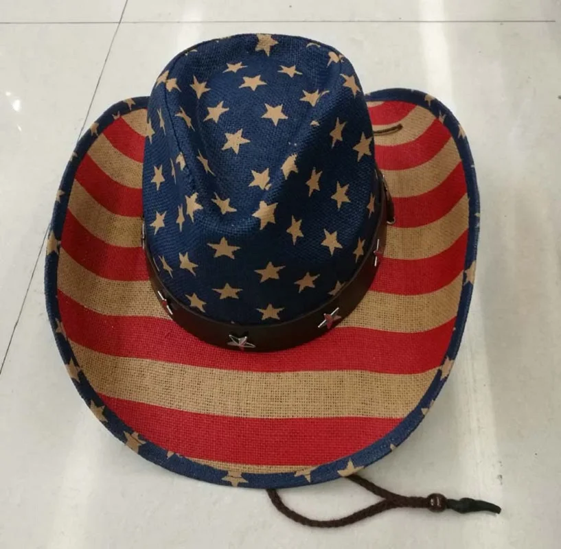 Summer Unisex Print American Flag Cowboy Straw Hat With Leather Band