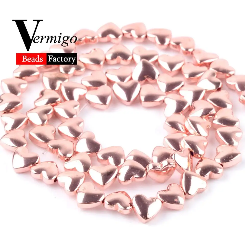 18K Rose Gold 6 8 мм розового цвета золотое любовное Сердце Бусины Из Гематита Шарм из природного камня свободные шарики для самостоятельного изготовления ювелирных изделий браслет 15" - Цвет: 18K Rose Gold