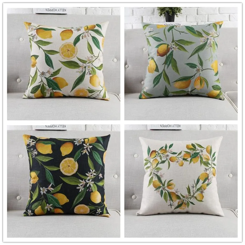Cotton Throw Pillow Case Linen Throw Pillow Case Yellow Lemons