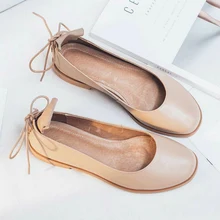 New Fashion Brand Shoes Genuine Leather Slip on Round Toe Lace Up Preppy Style Low Heel Bowtie Women Pumps Mary Jane Shoes 19