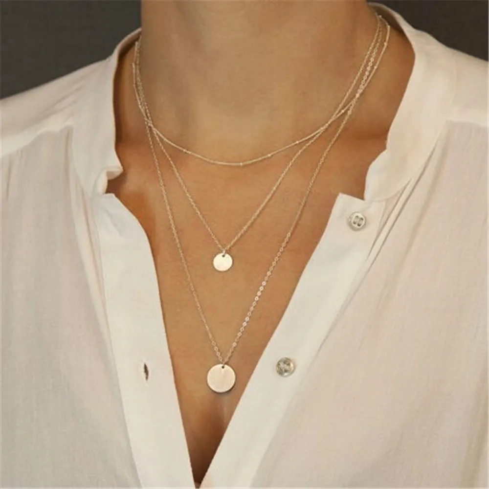 Women Hot Multi layer Necklace Gold Personalized Disk Pendant Long
