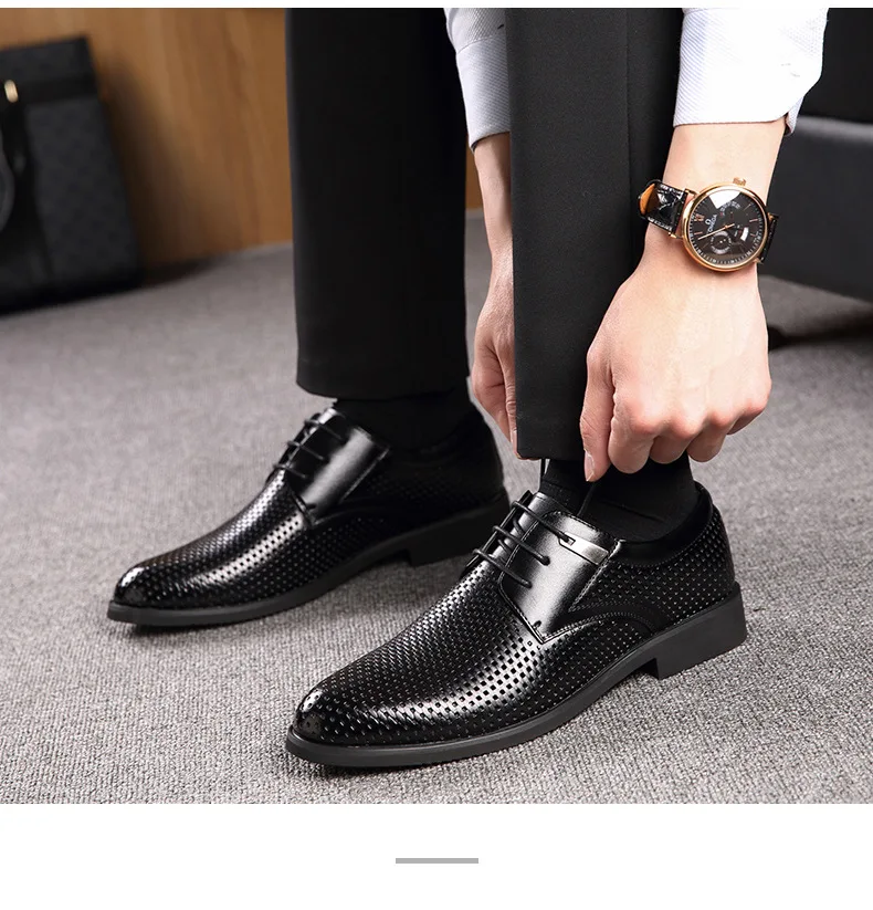 Новинка; летние мужские туфли-оксфорды из натуральной кожи; элегантные дышащие черные кожаные мужские модельные туфли с острым носком