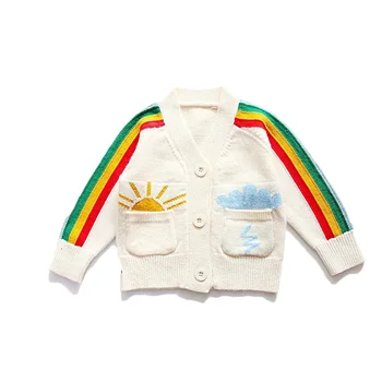 

Rainbow Baby Sweater Kids Boys Girls V-Neck Button Closure Cardigan Clouds Sun Embroidered Cotton Comfortable Children Outfit