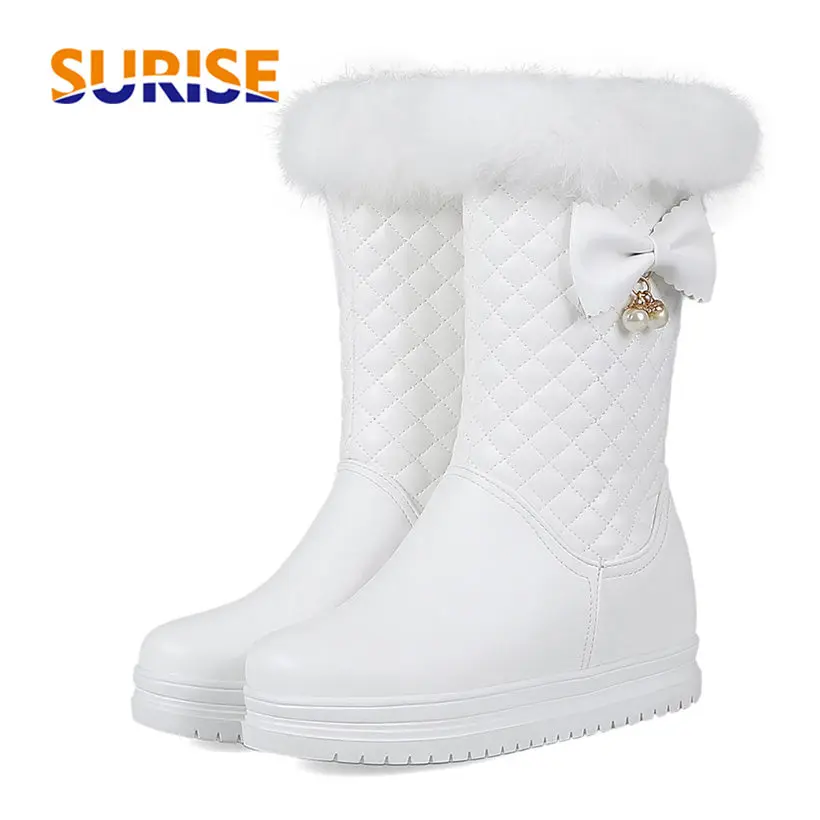 

Winter Women Fur Mid-calf Snow Boots 3cm Low Thick Flat Heel Height Increasing Platform Bowtie Round Toe Zipper Plush Half Boots