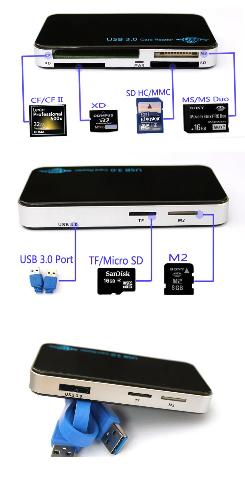 USB 3,0 компактный флэш-адаптер Все-в-1 CF MicroSD MS XD Универсальный считыватель карт памяти дизайн для Ipad IPhone Android телефон ПК