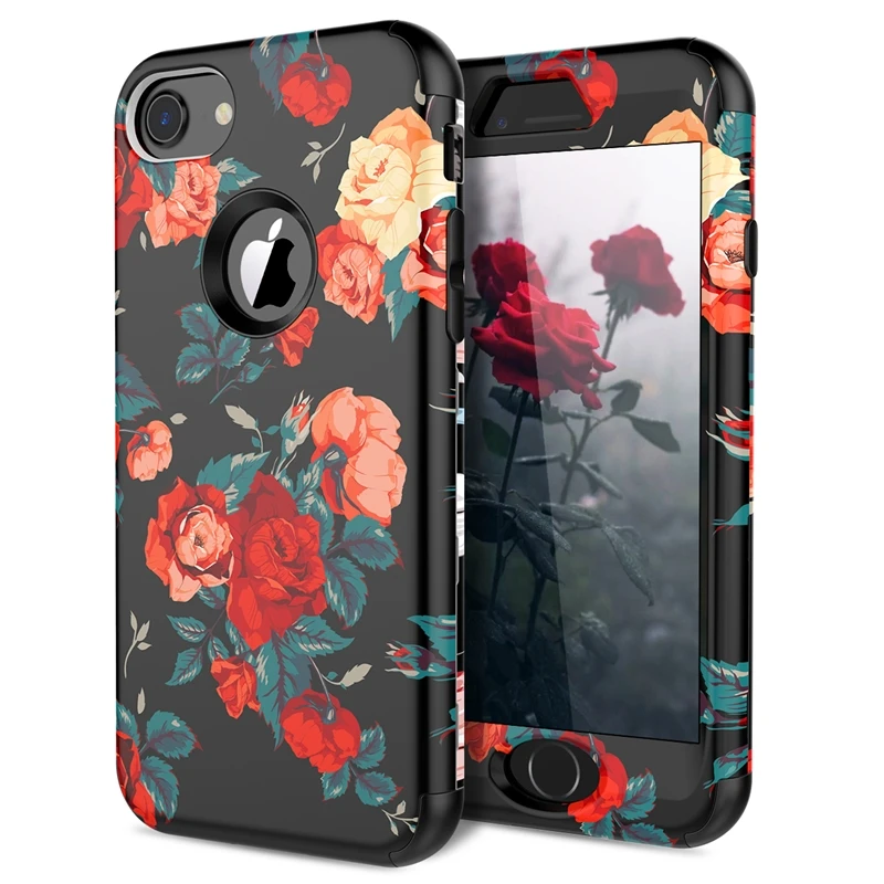 

Luxury 3 in 1 Case For iPhone X Xs max XR 7 8 6 6s Plus 5 5s Se Hard Cover PC Silicone Bumper Shockproof Unicorn Flowers Case