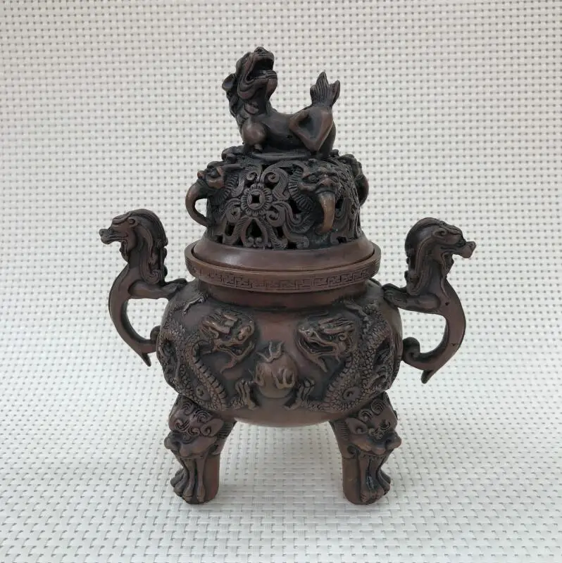 

Antique Bronze Collection Feng Shui Decoration Imitation Copper Bronze Craft Gift Double Dragon Play Beads Incense Oven