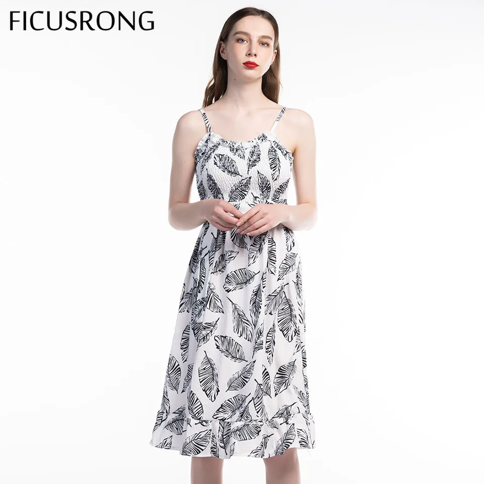 

FICUSRONG Vintage Leaf Print Ruffles Lace Up Dress 2019 New Sexy Spaghetti Strap Women Summer Dress Fashion Long Dress Female