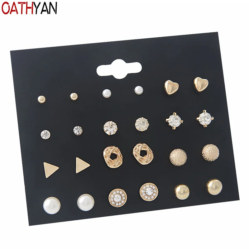

OATHYAN 12 Pairs/Set Korea Style Cute Round Heart Ball Alloy Pearl Rhinestone Stud Earrings Set Mixed For Women Classic Jewelry