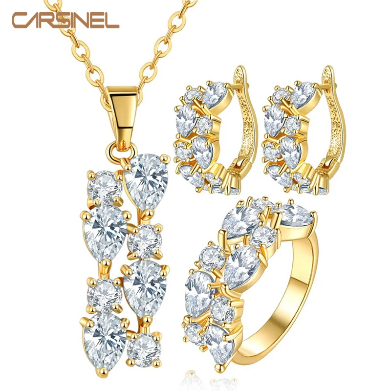 

CARSINEL Brand High Quality Gold-color Flower Jewelry Sets with Clear Stone CZ Stone for Women Wedding Necklace + Earrings+Rings
