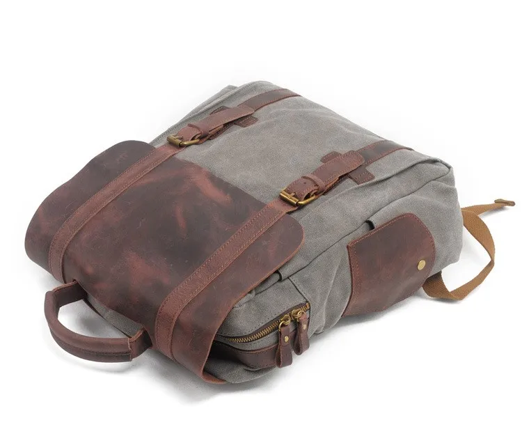 Picture of the Eiken travel Manitoba backpack, grey variant made of canvas and leather