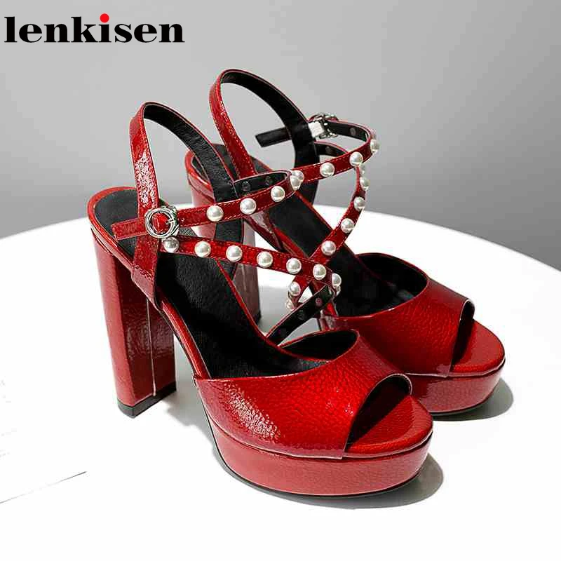 

Lenkisen full grain leather causal shoes super high heels summer korean girl pearl-studded platform dating women sandals L7f2