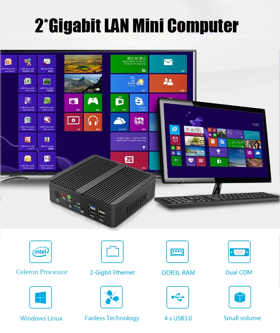 Безвентиляторный мини-ПК Celeron J1900 Dual LAN Windows 10 мини-компьютер 2 * Gigabit Ethernet 2 * COM Celeron N2810 неттоп WiFi HDMI VGA Usb