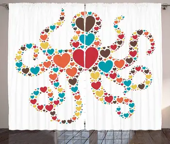 

Octopus Curtains Sea Animal Shape with Big and Little Colorful Hearts Love Valentines Day Concept Living Room Bedroom Window