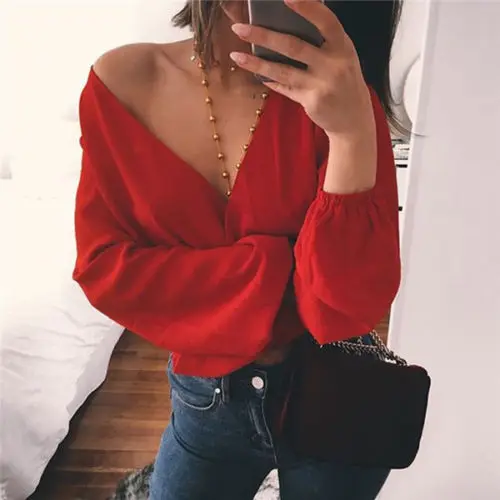 

2018 Hot Sexy Womens Backless Blouse Casual Bowknot Long Sleeve V Neck Shirt Ladies Loose Blouse Tops