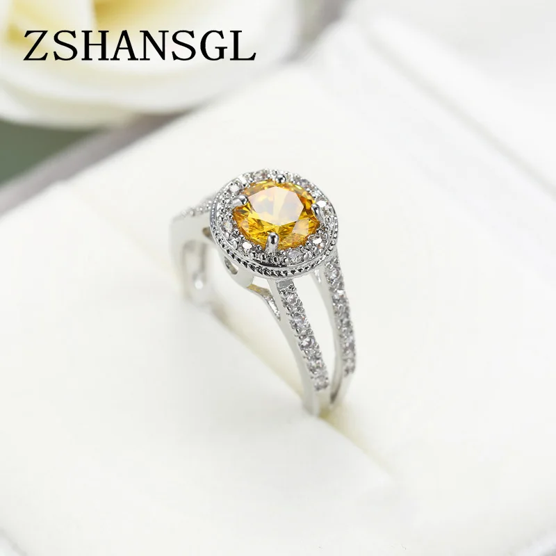 

Luxury Princess Cut Yellow CZ Crystal Ring with Micro Paved Clear Zircon 3 Layers High Polished Women Wedding Rings Size 6-10