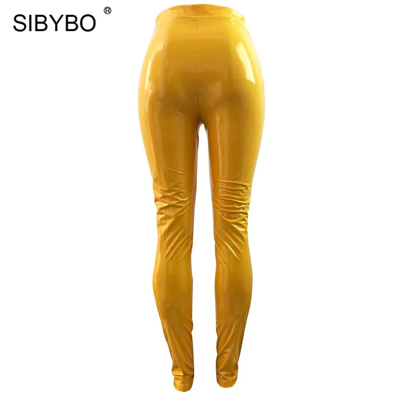 Sibybo Высокая талия из искусственной кожи сексуальные брюки женские модные пуговицы узкие толстые зимние женские брюки однотонные