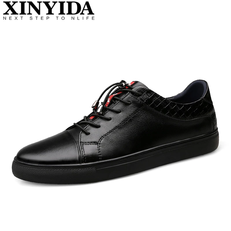 

Genuine Leather Men Skateboard Shoes Elastic Band Breathable Causal Sneakers Fashion Black White Trainers Shoes Plus Size 36-46
