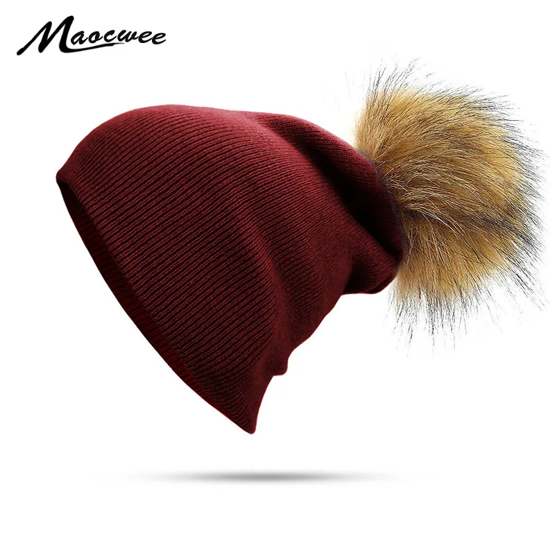 

Women Autumn Winter Beanies With Faux Fur Pompom Solid Green Black Pom Pom Hats For Girls Knitted Skuilles Beanies Caps Dad Hat