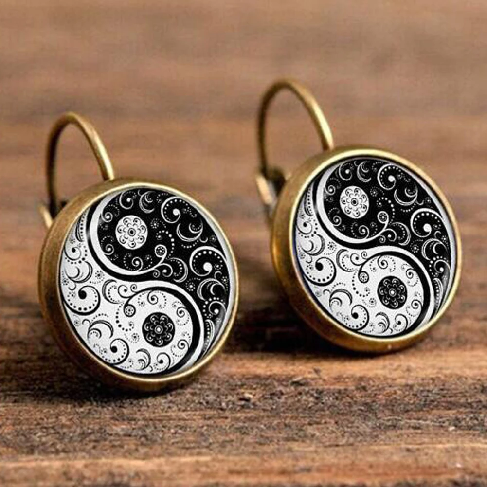 Vintage Ying Yang Tai Chi Earrings Fashion Jewelry Black White Flower