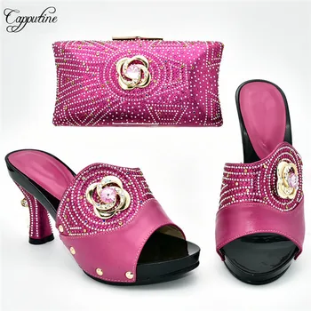 

Charming fuchsia with stones pump shoes and handbag luxury sandals with purse set for wedding/party 388-2, heel height 9cm