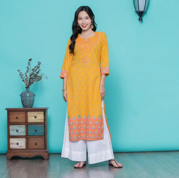 Женские Модные Этнические стили наборы печати хлопок индийское платье леди три четверти рукав желтый топ и брюки
