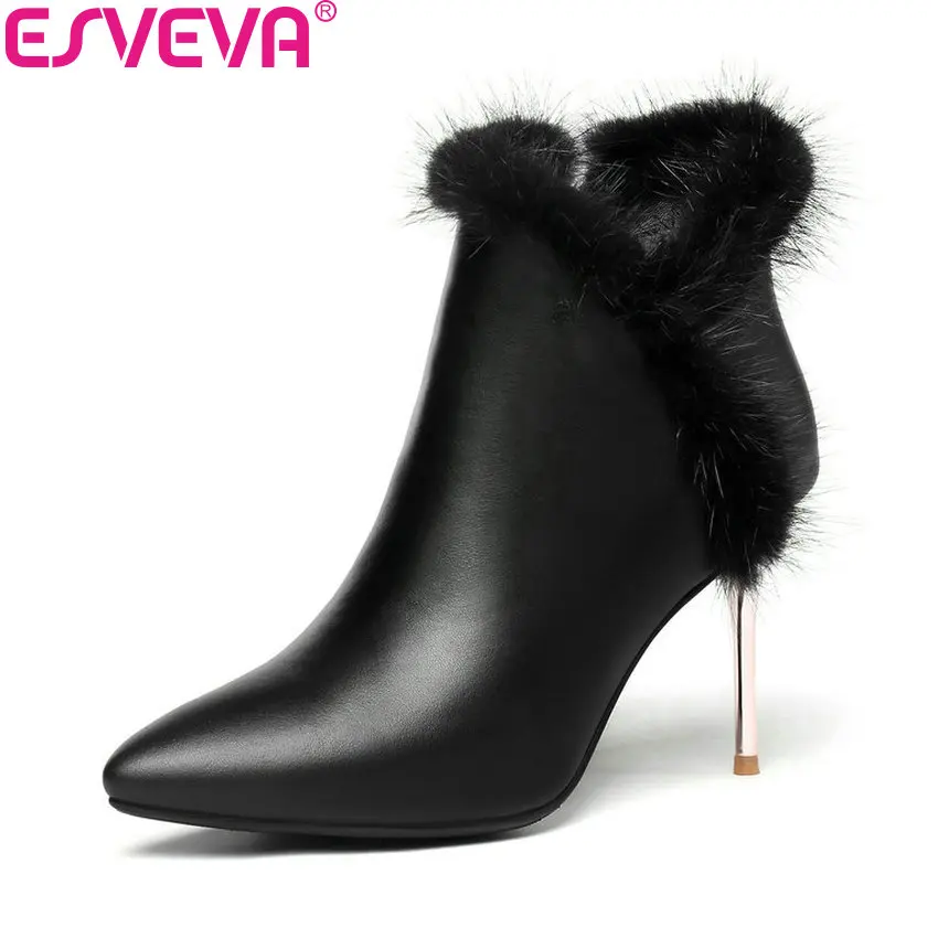 

ESVEVA 2019 Women Shoes Faux Fur Zip High Heels Ankle Boots Shoes Pointed Toe Fashion Thin Heels Autumn Woman Boots Size 34-39