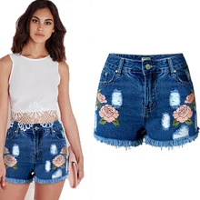 2016 New Embroidery Jeans Short with High Waist Summer Washed Ripped Denim Shorts