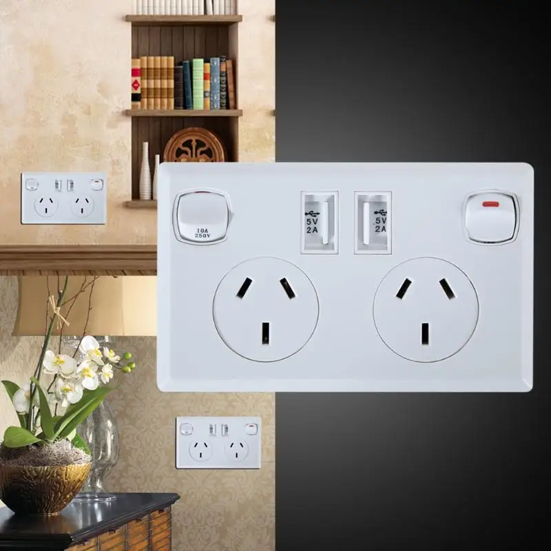 

Double USB Plug Wall Power Socket 250V 10A AU Standard Outlet Home Power Point Supply Plate Outlet Adapter Socket 2 Switches