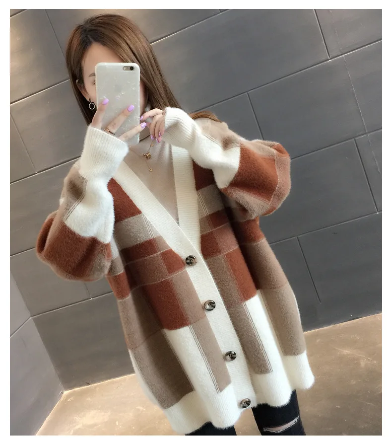 Imitation Mink Wool Sweater Coat Ladies Long Autumn and Winter New Loose Plaid Padded Knit Cardigan Women Sweaters